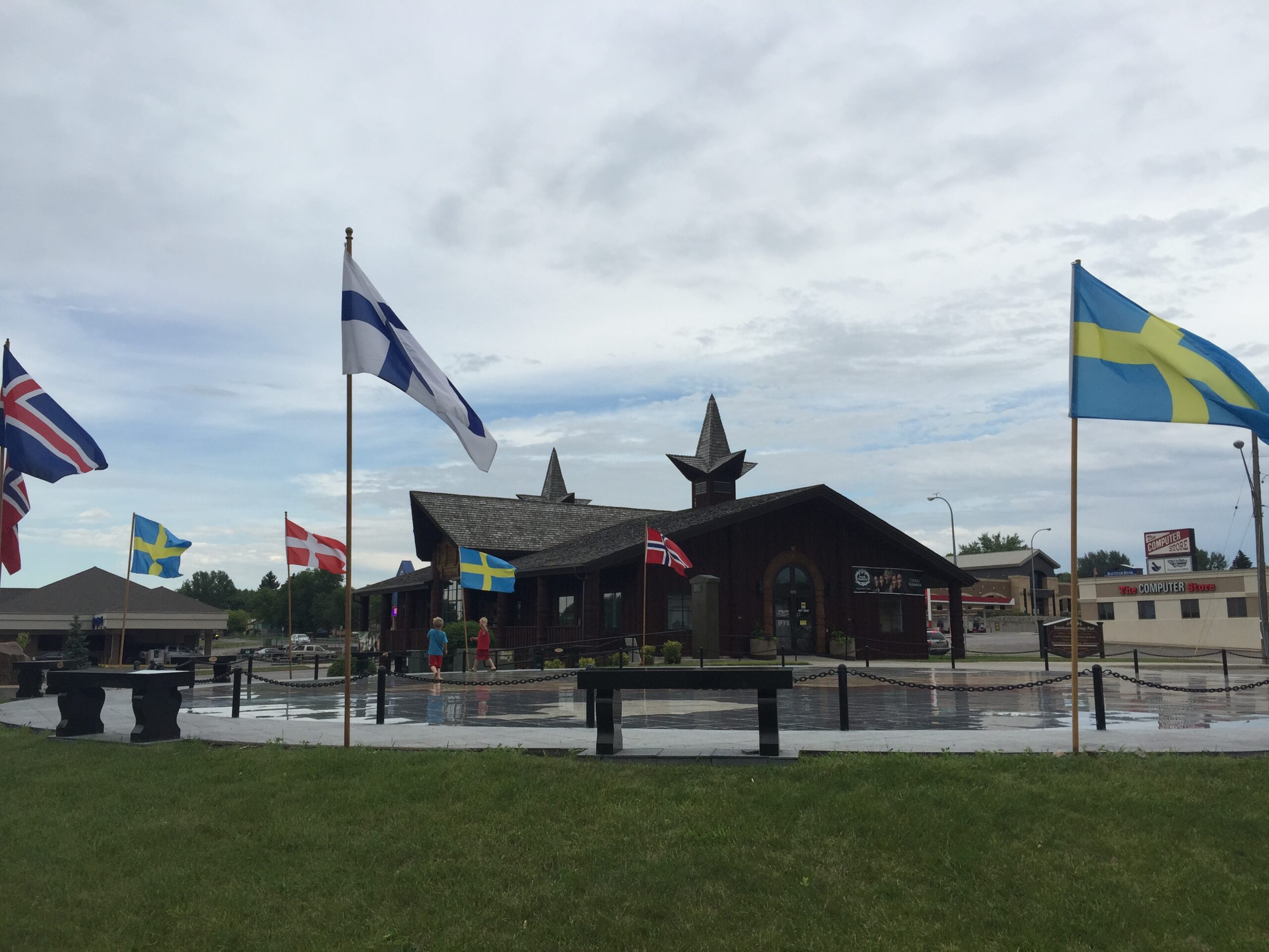 Scandinavian Plaza with flags from Sweden, Finland, Denmark, Norway and Iceland.